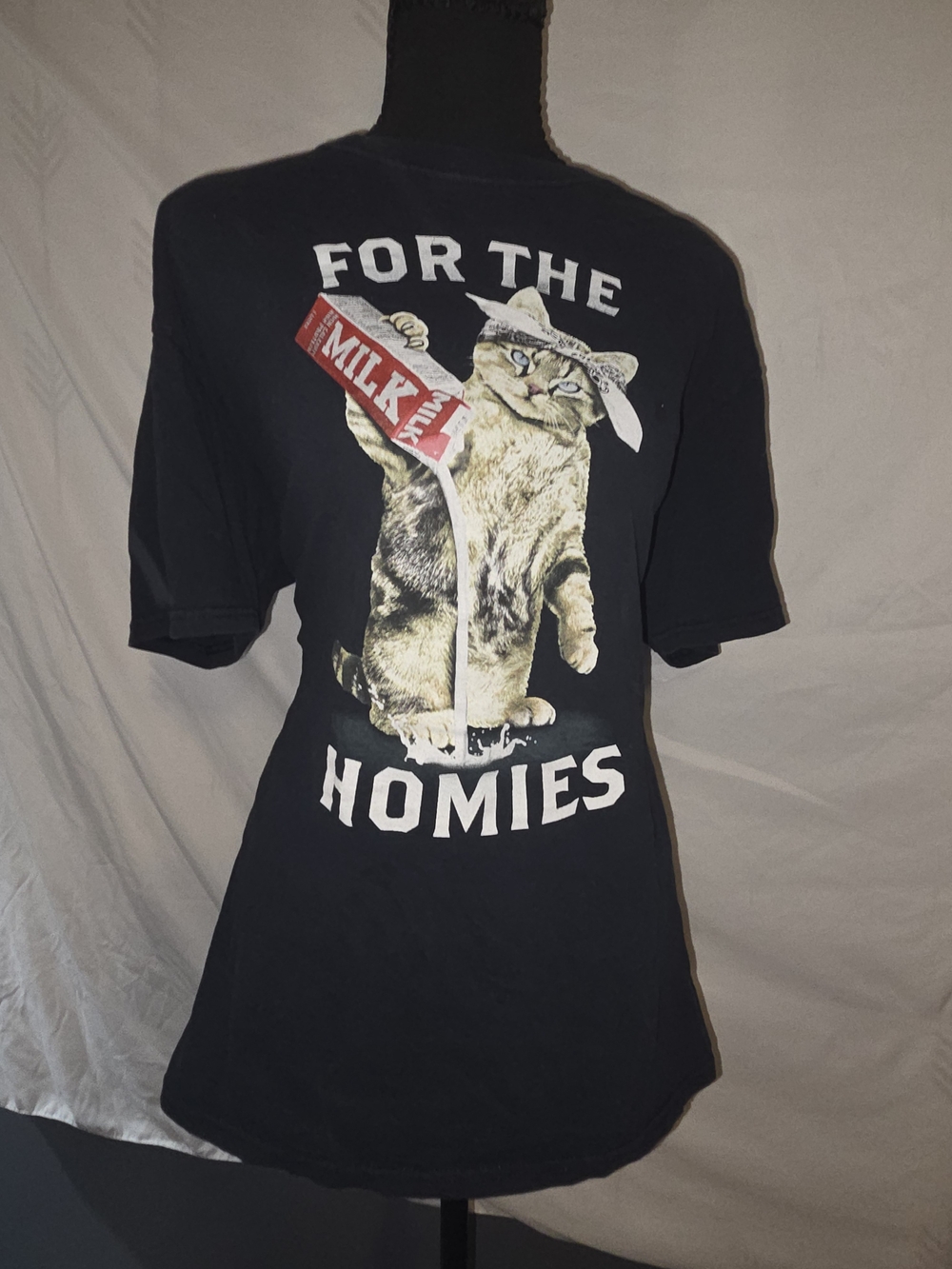 Fruit of the Loom Black Tee with Cat & Red Milk Carton Graphic